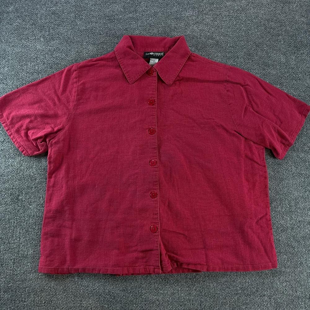 VTG Sag Harbor Woman Red Linen Cotton Button Down Shirt Plus Size 1X Natural